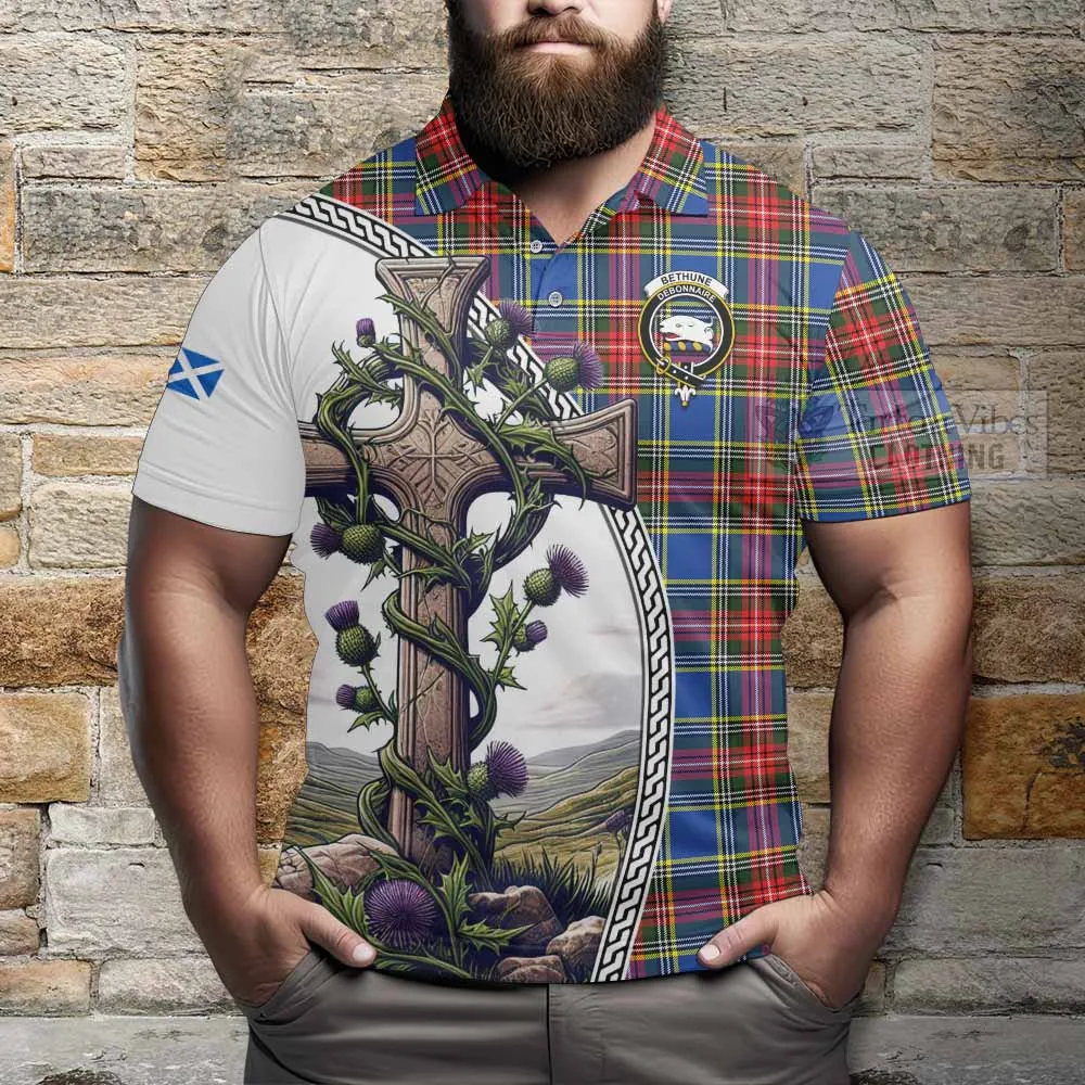 Bethune Tartan Polo Shirt with Family Crest and St. Andrew's Cross Accented by Thistle Vines