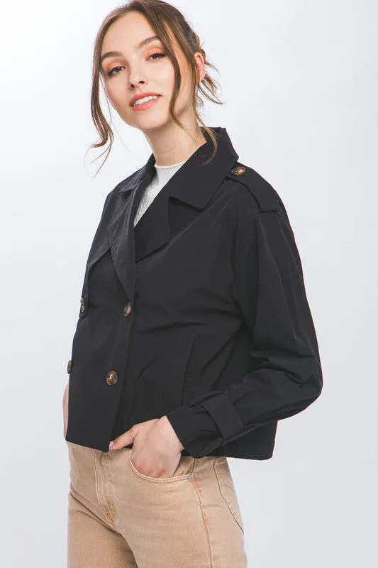 Black Cropped Trench Jacket with Belt Sleeve Detail