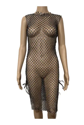 Black Lace Up Crystal Mesh Dress