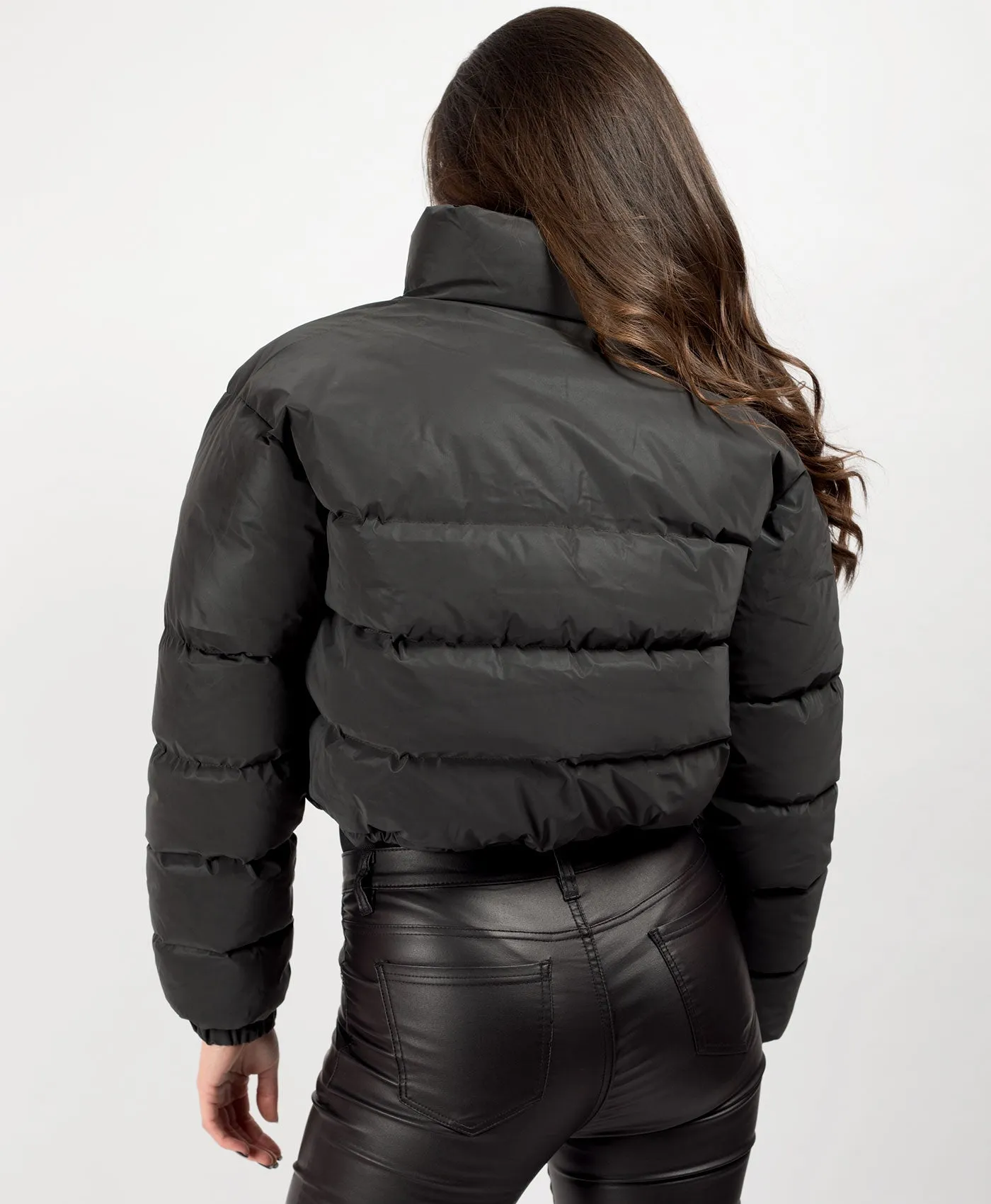 Black Reflective Padded Cropped Puffer Jacket