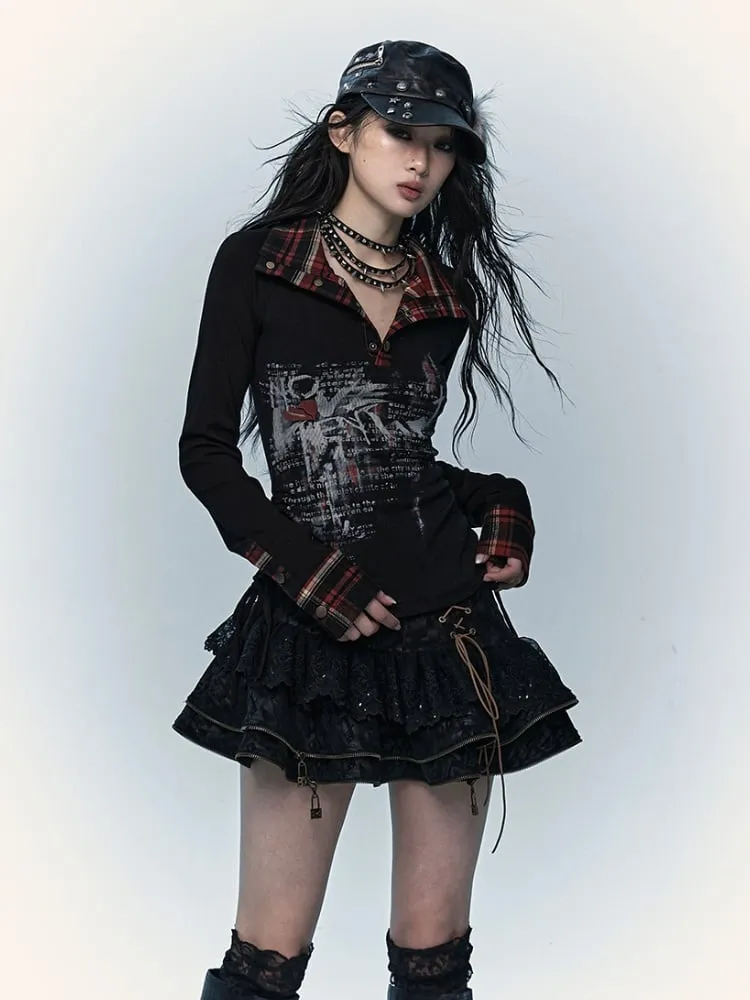 Black&Red Plaid Polo Collar Drawstring Waist Top