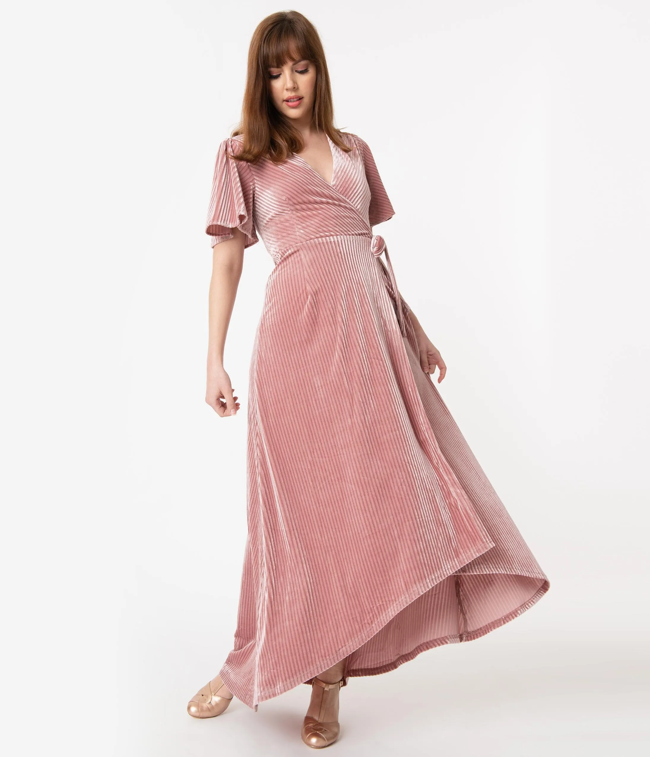 Blush Pink Corduroy Velvet Maxi Wrap Dress