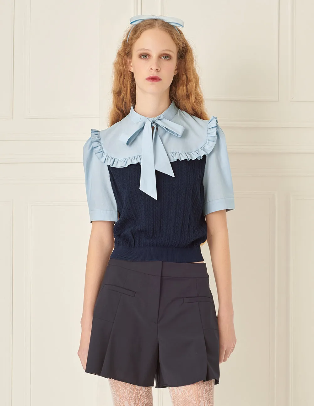 BORA AKSU Butterfly Lace-Up Puff Sleeve Fake Two-Piece Top