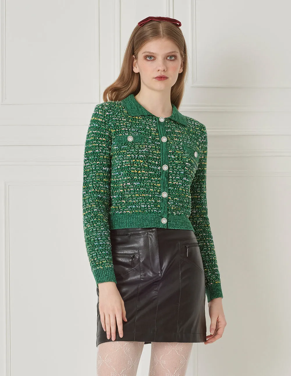Bora Aksu Cropped Lapel Tweed Textured Knitted Cardigan