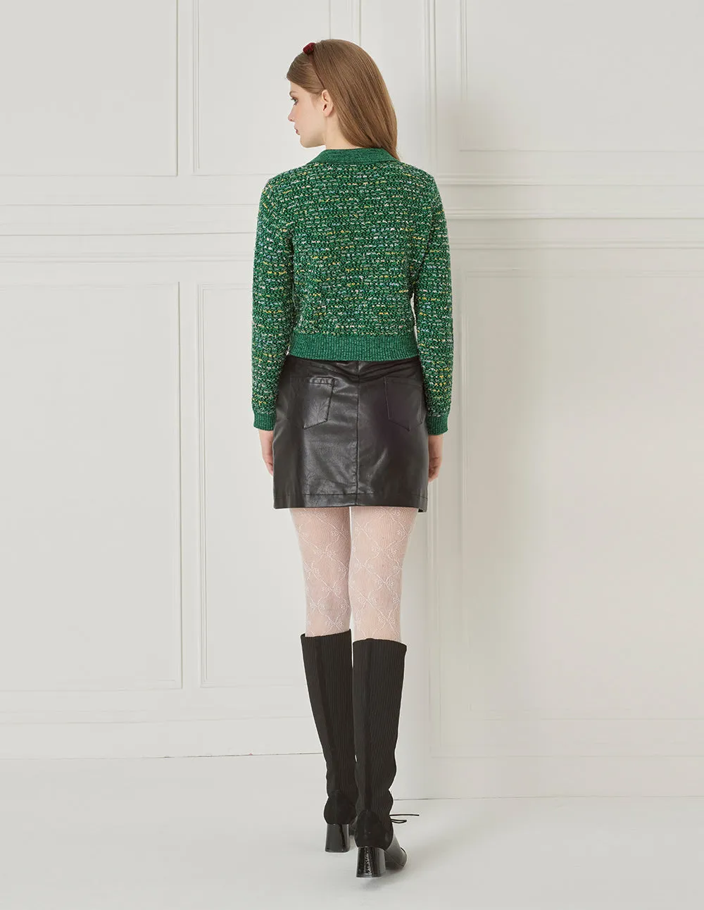 Bora Aksu Cropped Lapel Tweed Textured Knitted Cardigan