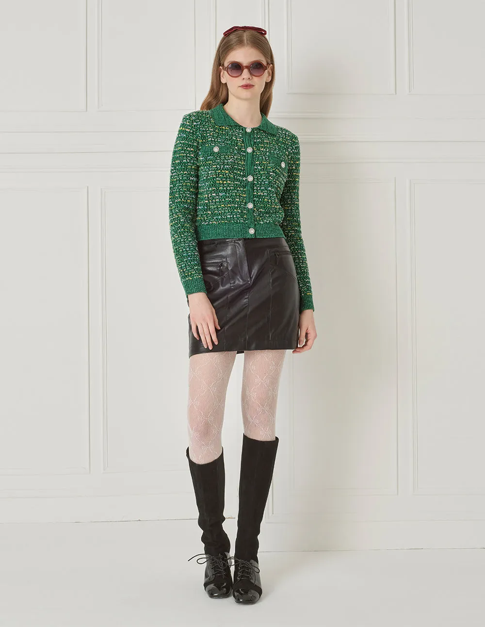 Bora Aksu Cropped Lapel Tweed Textured Knitted Cardigan