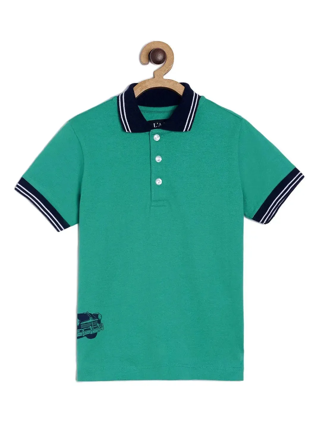 Boys Green Car Print Polo Cotton T-shirt