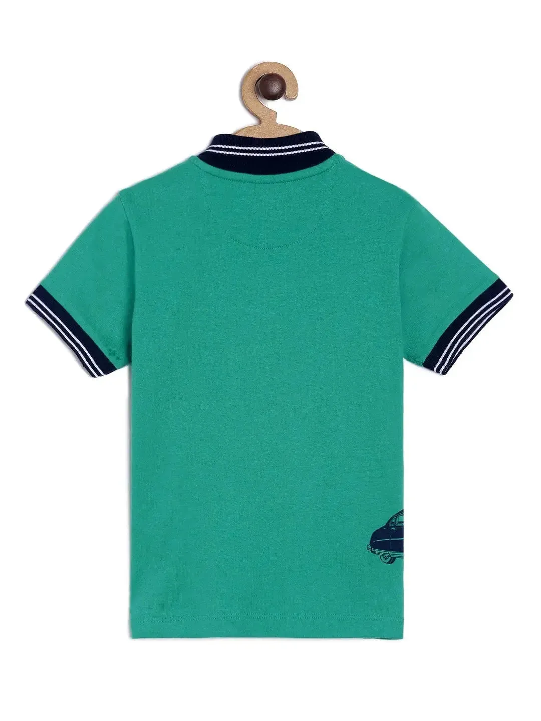 Boys Green Car Print Polo Cotton T-shirt