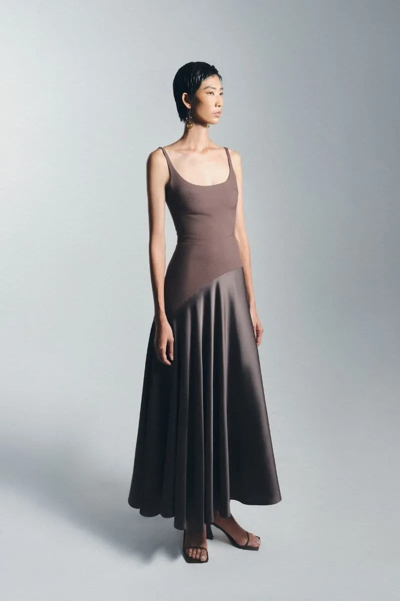 BROWN SLIT CURVE MIDI DRESS