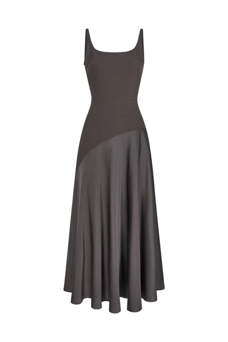 BROWN SLIT CURVE MIDI DRESS