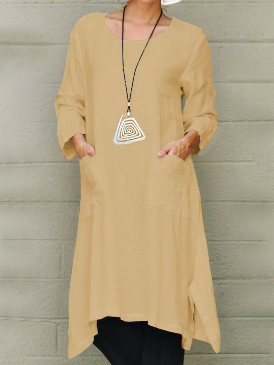 Casual Women'S Solid Color Cotton And Linen Dress