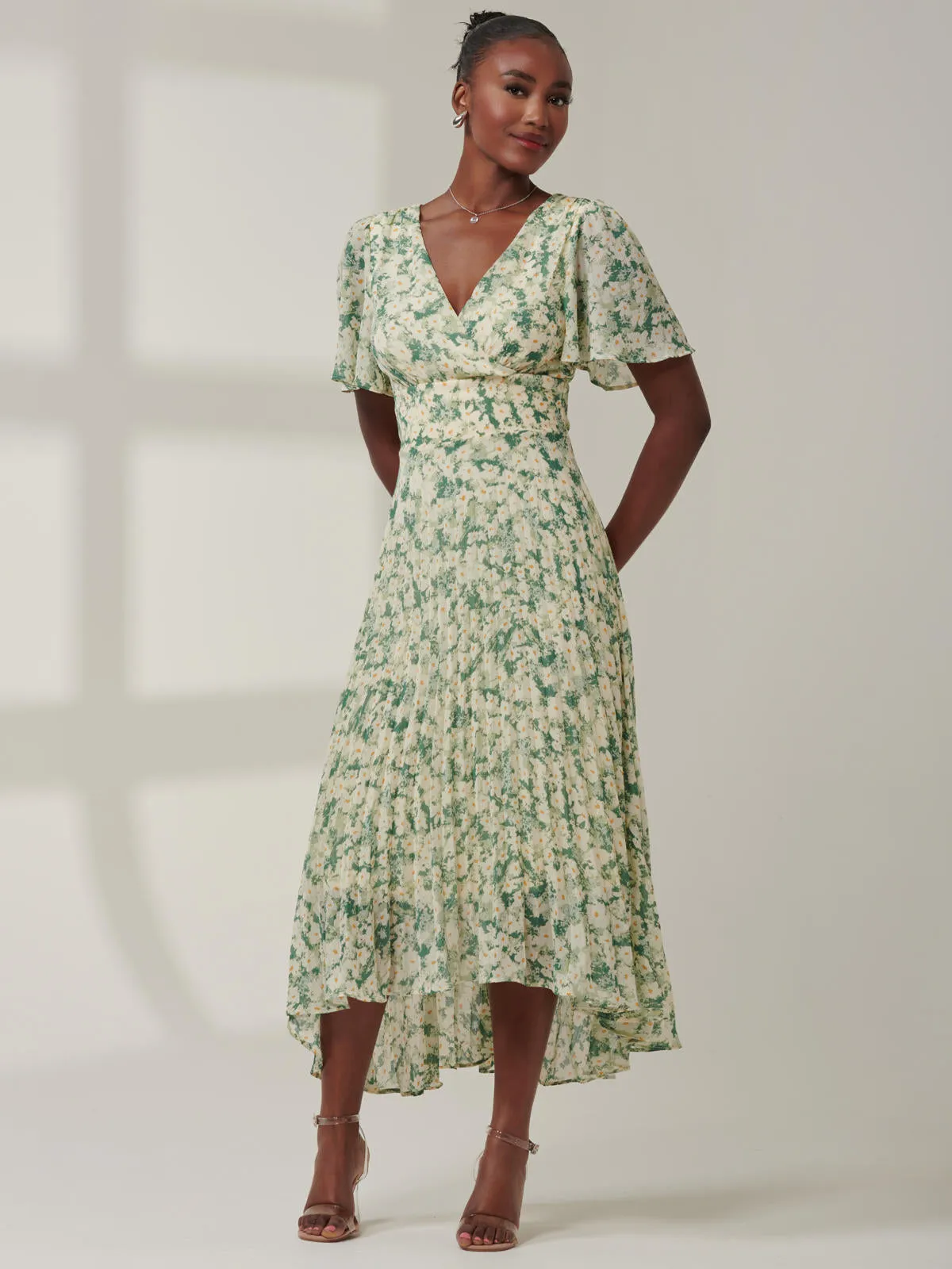 Chelsea Pleated Chiffon Dip Hem Maxi Dress, Green Abstract