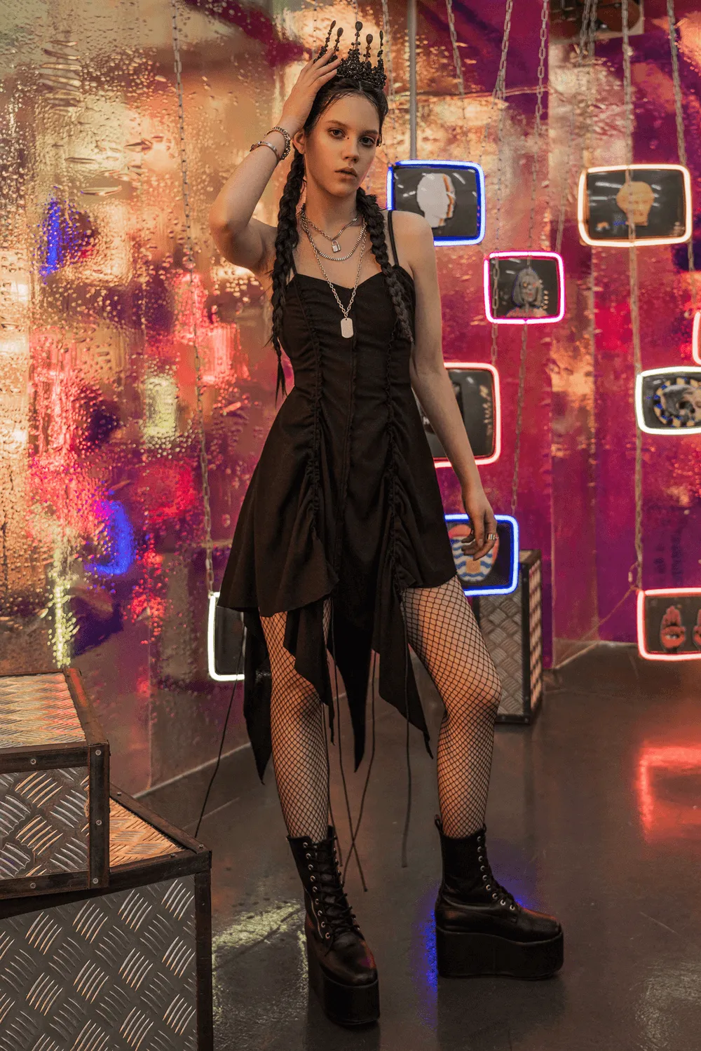 Chic Asymmetrical Witch Slip Dress with Punk Accents