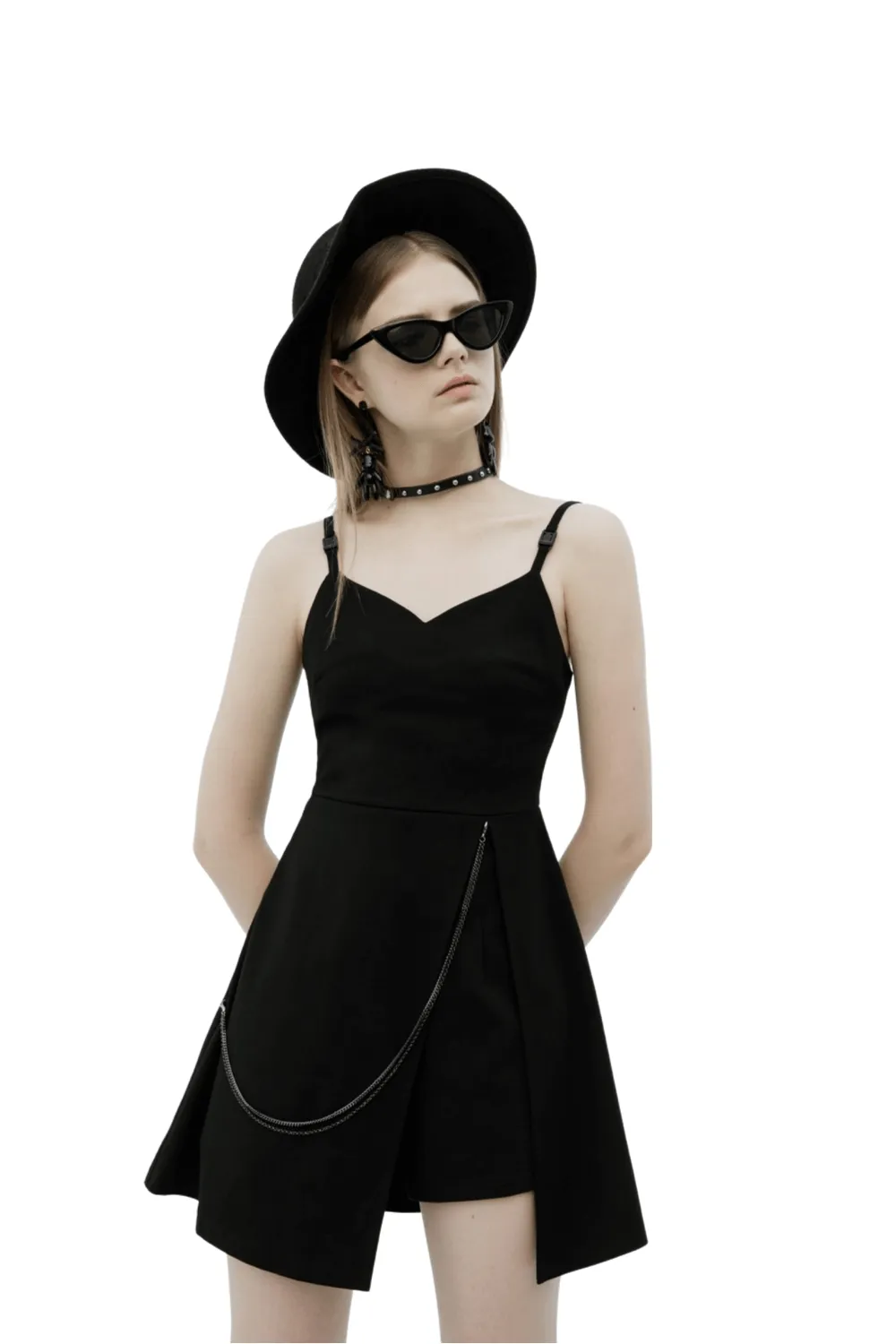 Chic V-Neck Dress with Detachable Chain Accent