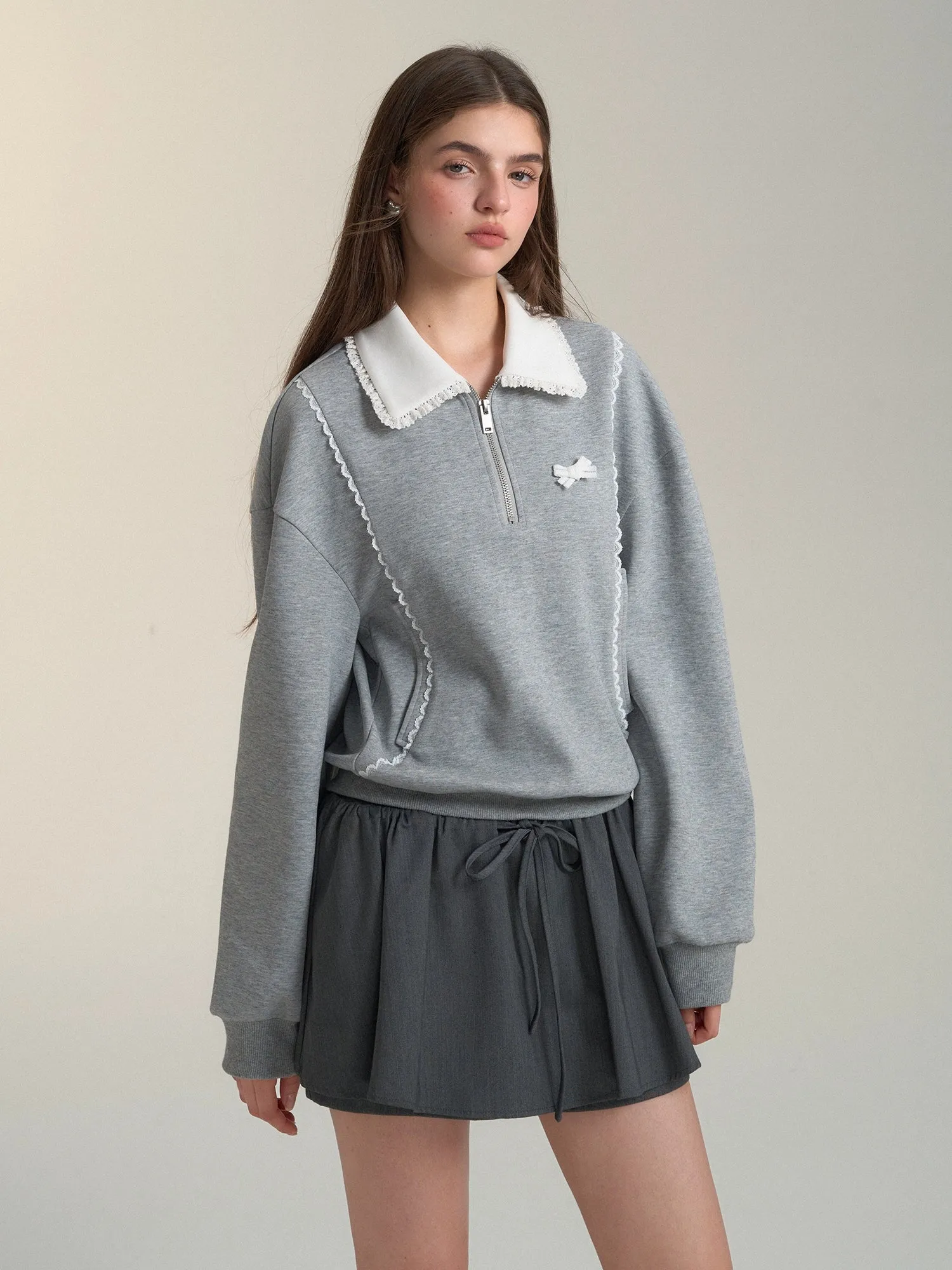 Contrast Collar Lace Trim Sweatshirt