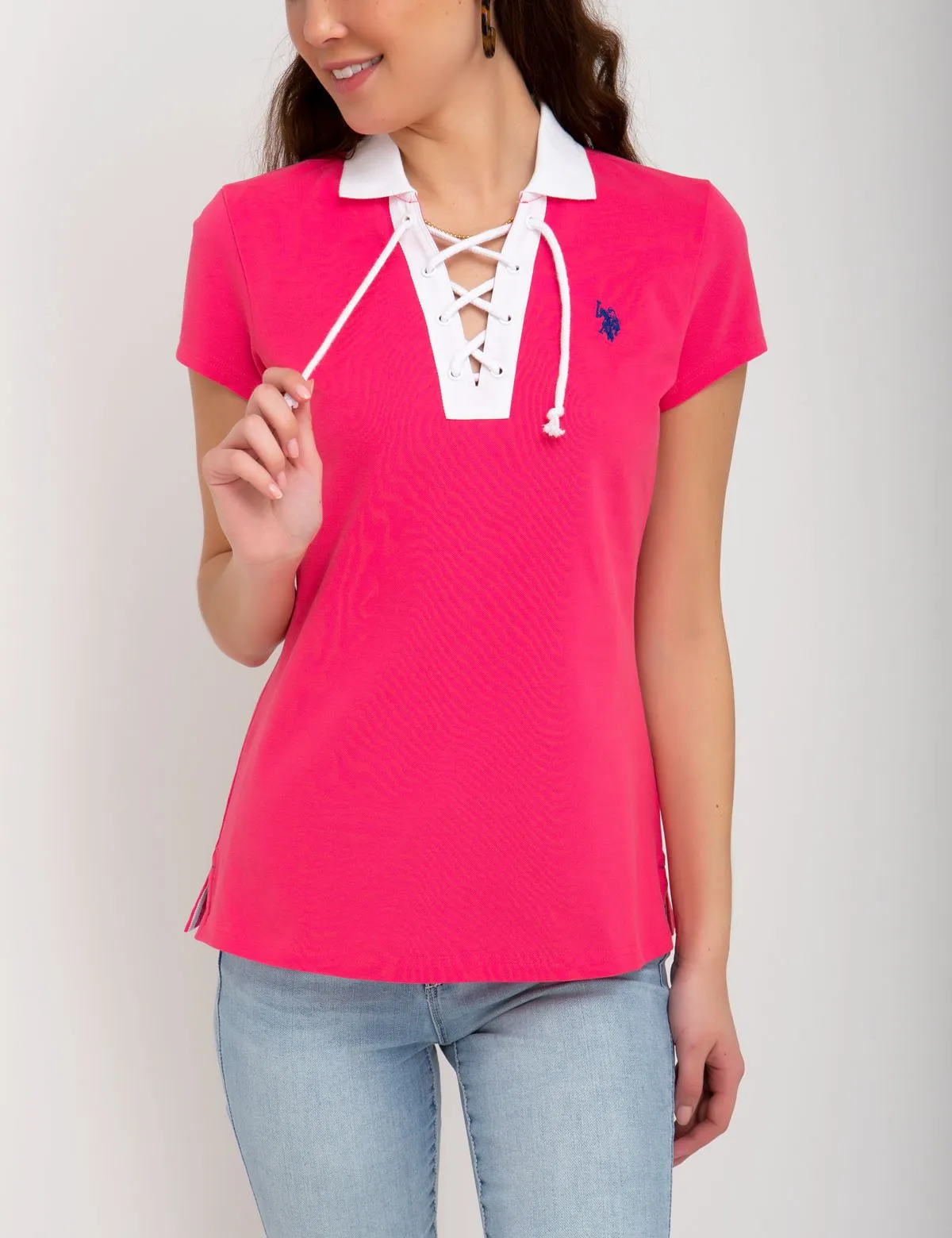 CONTRAST LACE UP POLO SHIRT
