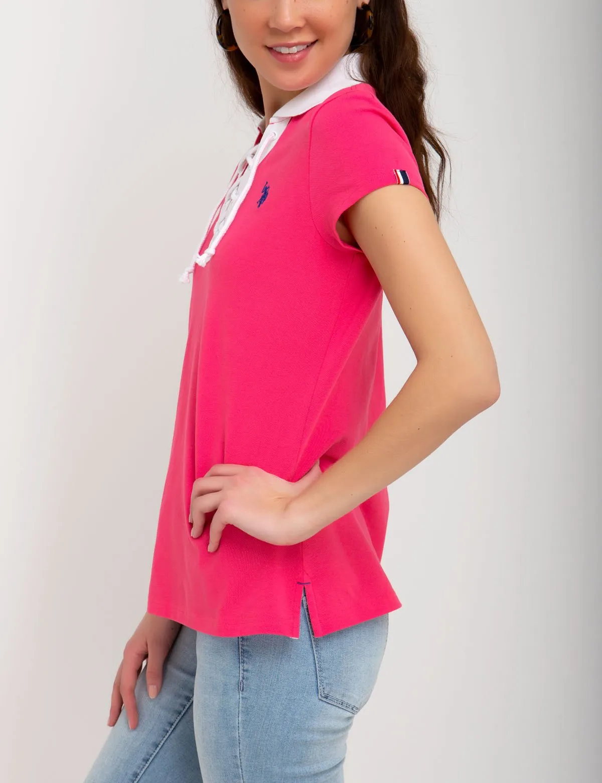 CONTRAST LACE UP POLO SHIRT