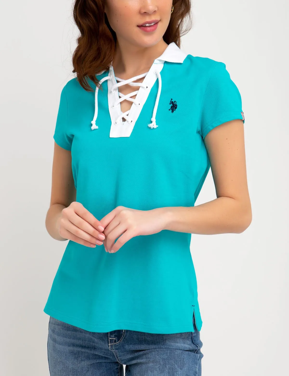 CONTRAST LACE UP POLO SHIRT