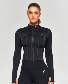 Contrast Stitching Moto Jacket - Black