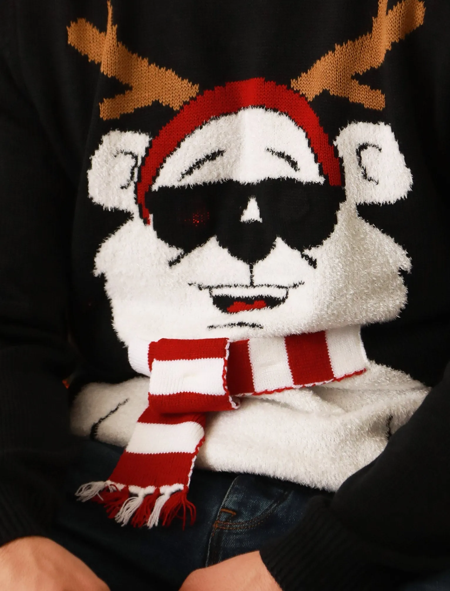 Cool Polar Bear Motif LED Light Up Novelty Christmas Jumper in Jet Black - Merry Christmas