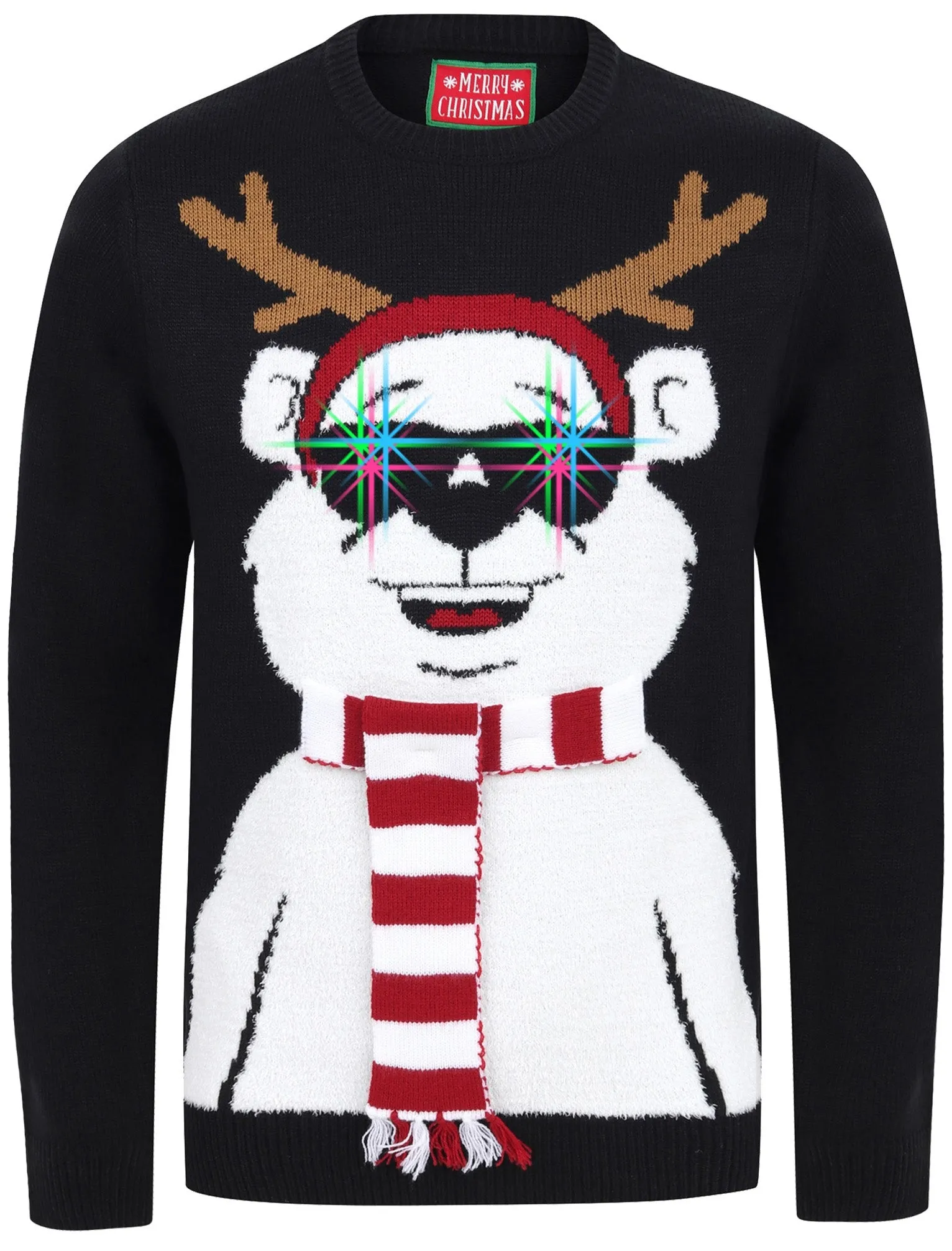 Cool Polar Bear Motif LED Light Up Novelty Christmas Jumper in Jet Black - Merry Christmas