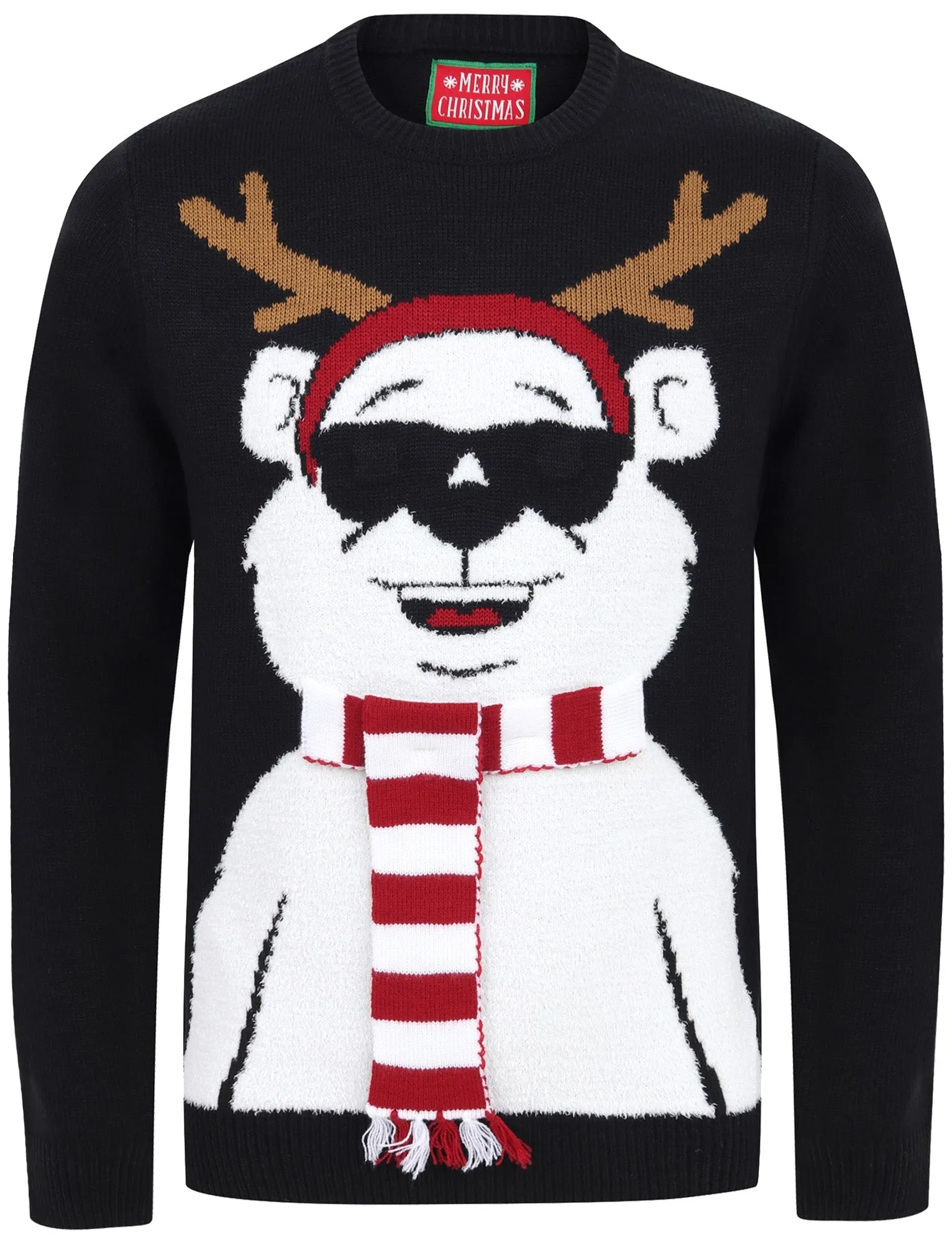 Cool Polar Bear Motif LED Light Up Novelty Christmas Jumper in Jet Black - Merry Christmas