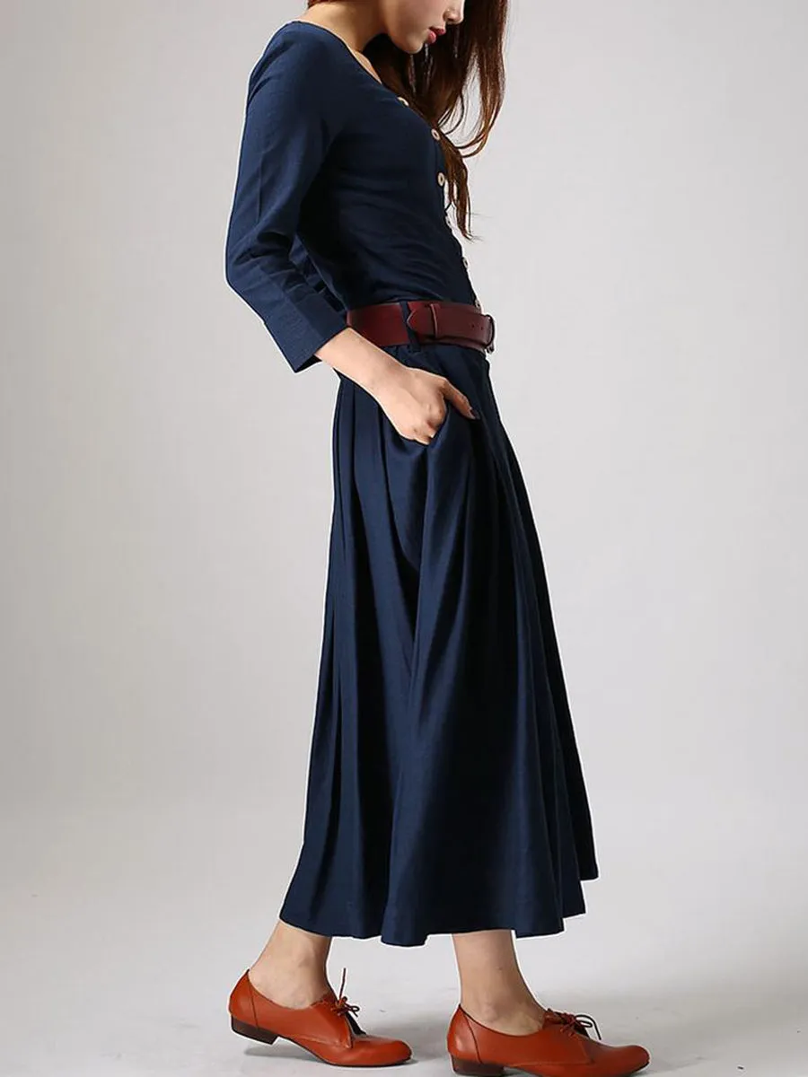 Cotton and Linen Casual Button Long Sleeve Dress
