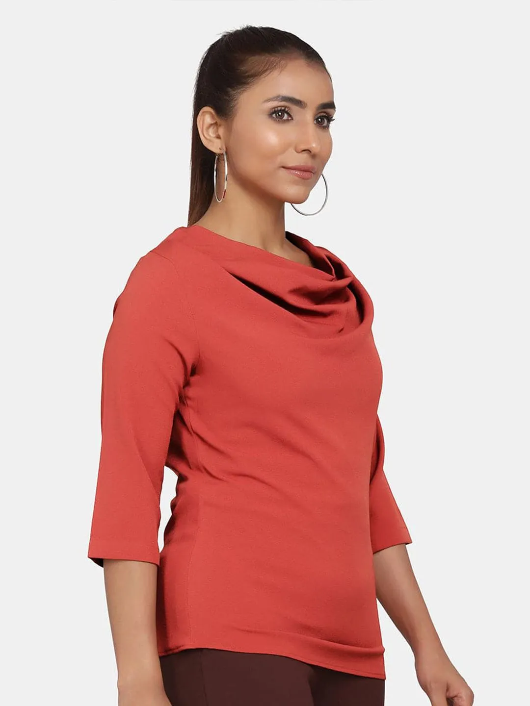 Cowl Neck Stretch Top for Women - Rust
