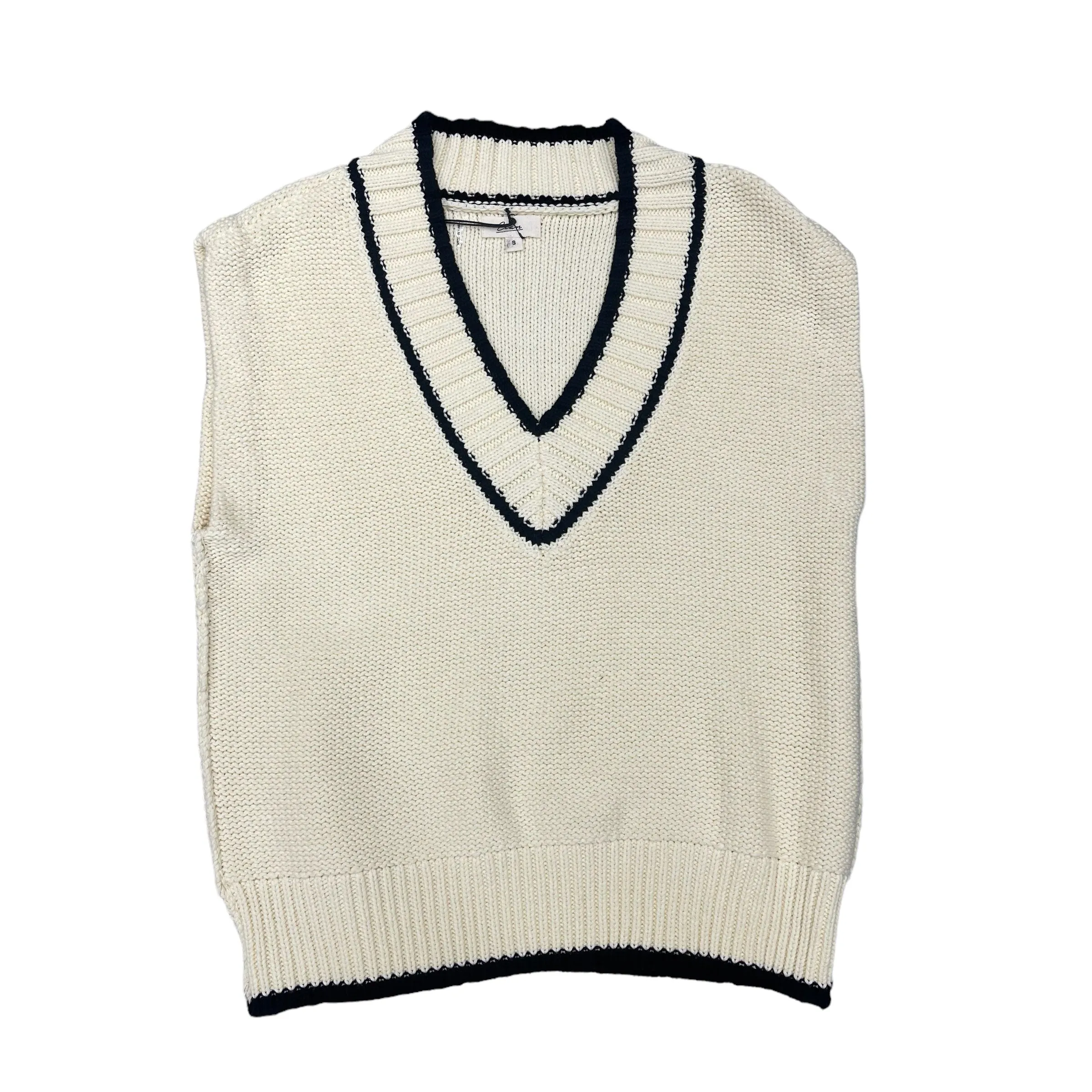 Cream V-Neck Sweater Vest With Black Trim