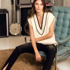 Cream V-Neck Sweater Vest With Black Trim