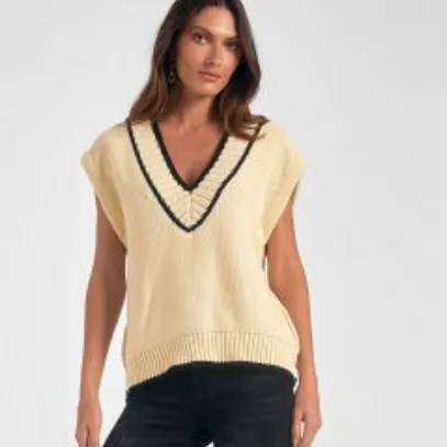 Cream V-Neck Sweater Vest With Black Trim