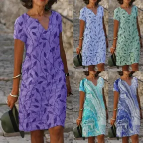 DEANWAQNGKT  2022  New  Cross Border Women's Cotton Linen Digital Printed V-neck Loose Dress