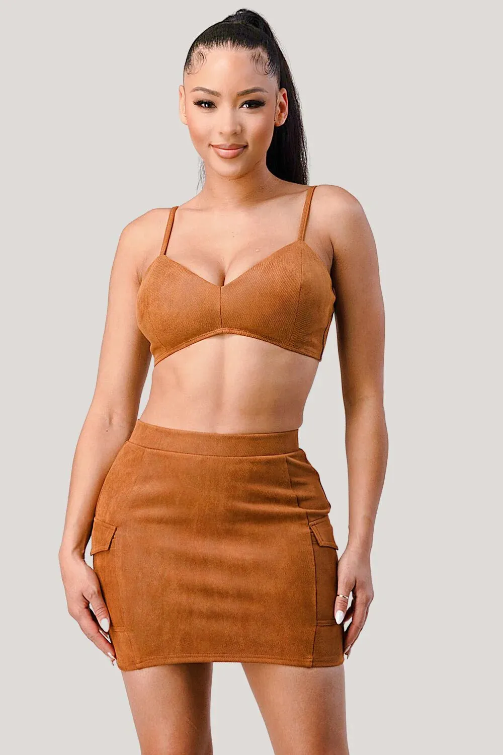 Diagonal Bralette With Cropped Blazer Jacket & Mini Skirt 3pcs Outfit Set