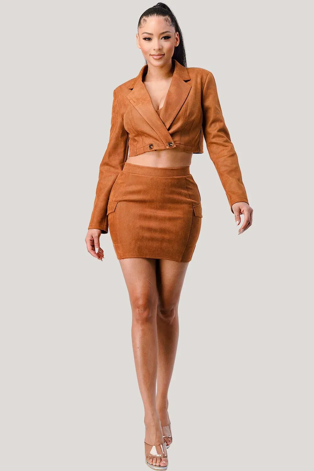 Diagonal Bralette With Cropped Blazer Jacket & Mini Skirt 3pcs Outfit Set