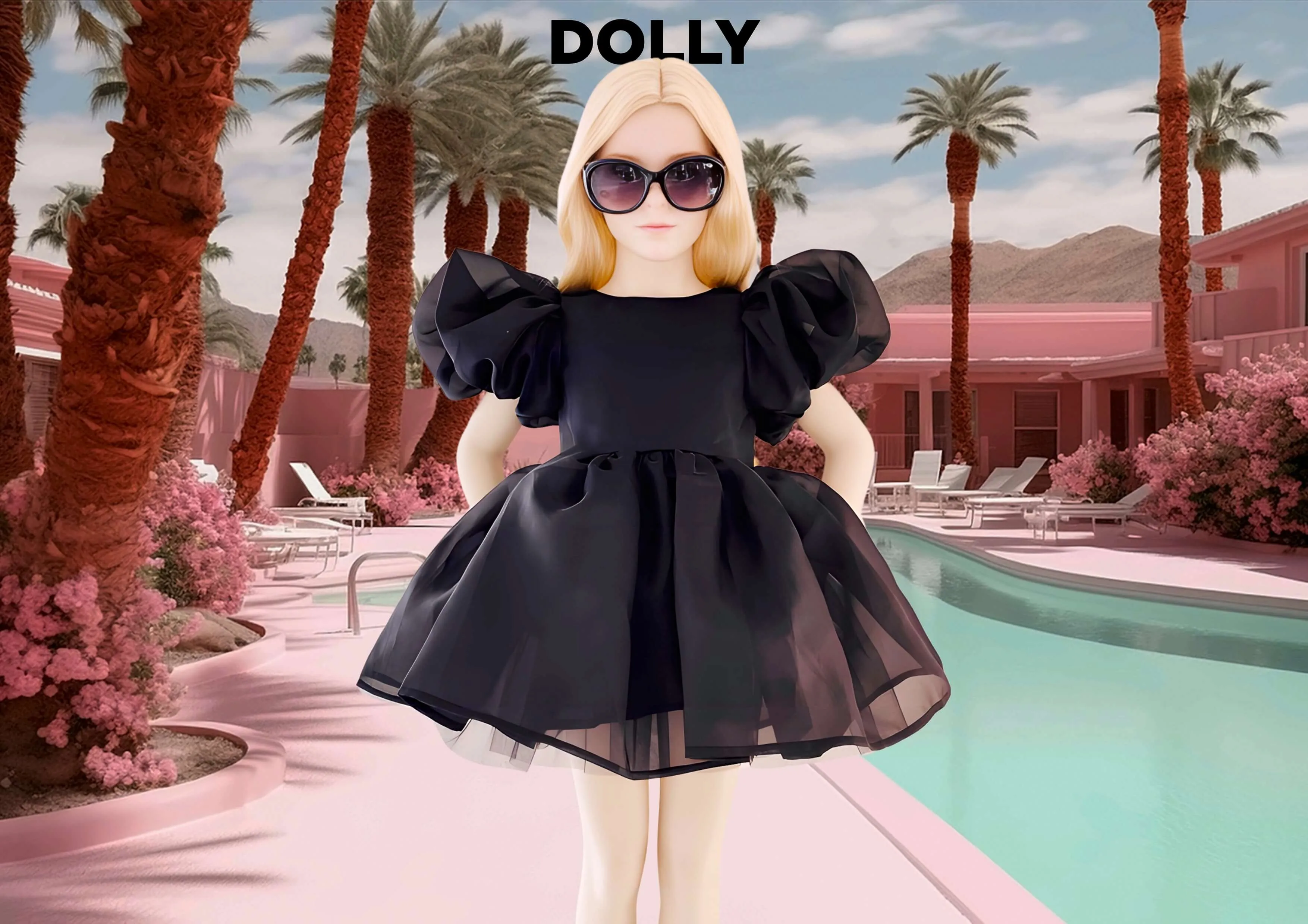 DOLLY WORLD V-BACK PUFF SLEEVE ORGANZA TUTU DRESS black