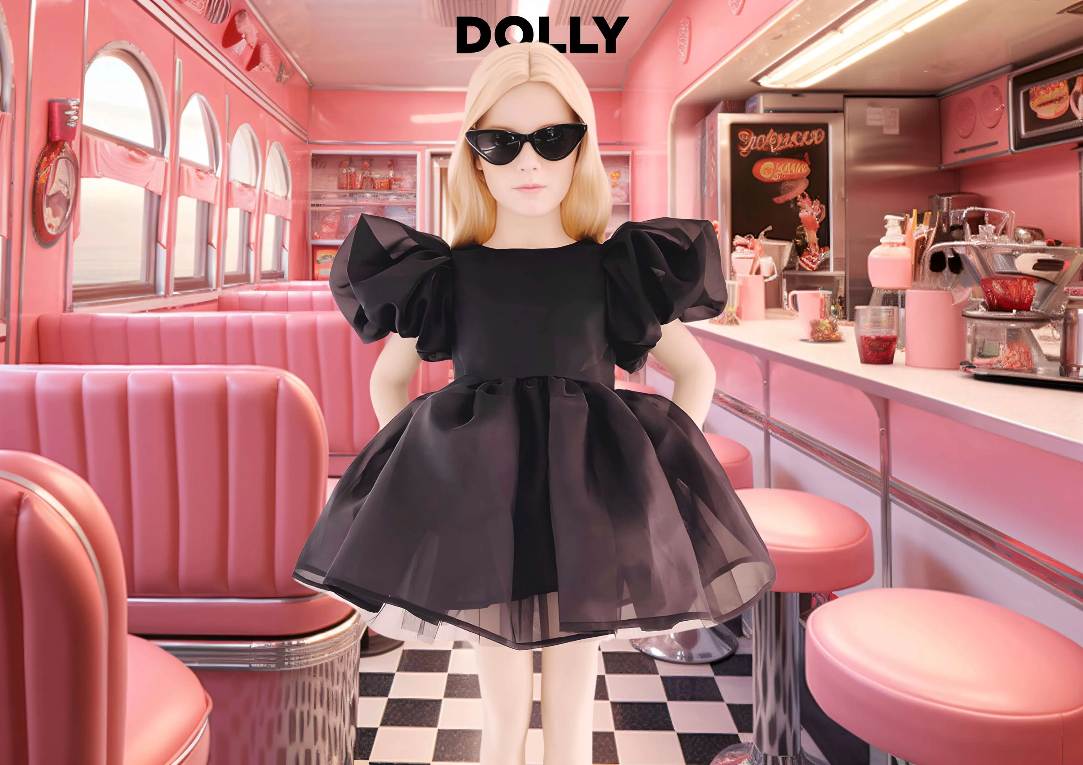 DOLLY WORLD V-BACK PUFF SLEEVE ORGANZA TUTU DRESS black