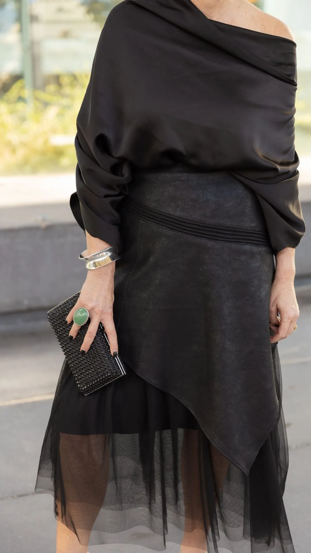 Donatella Tulle/Faux Leather Skirt - Black