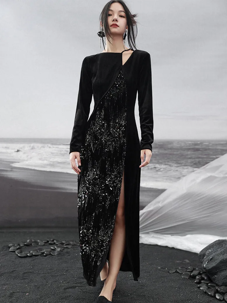 Dress Niche Slit Glitter Design Velvet