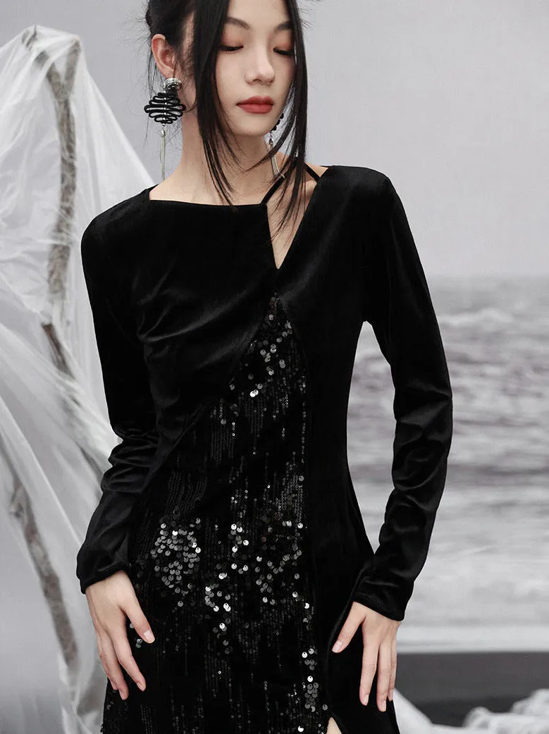 Dress Niche Slit Glitter Design Velvet