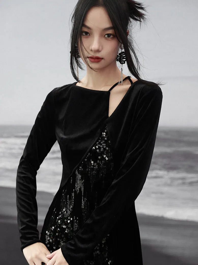 Dress Niche Slit Glitter Design Velvet