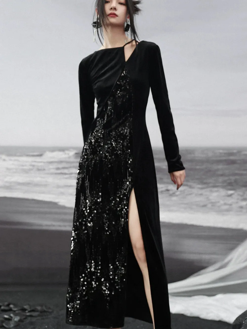 Dress Niche Slit Glitter Design Velvet