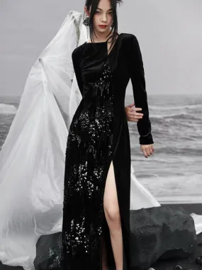 Dress Niche Slit Glitter Design Velvet