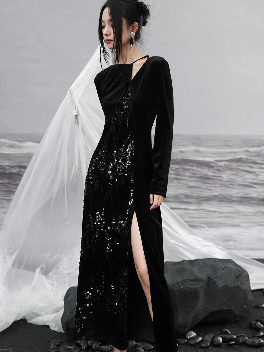 Dress Niche Slit Glitter Design Velvet