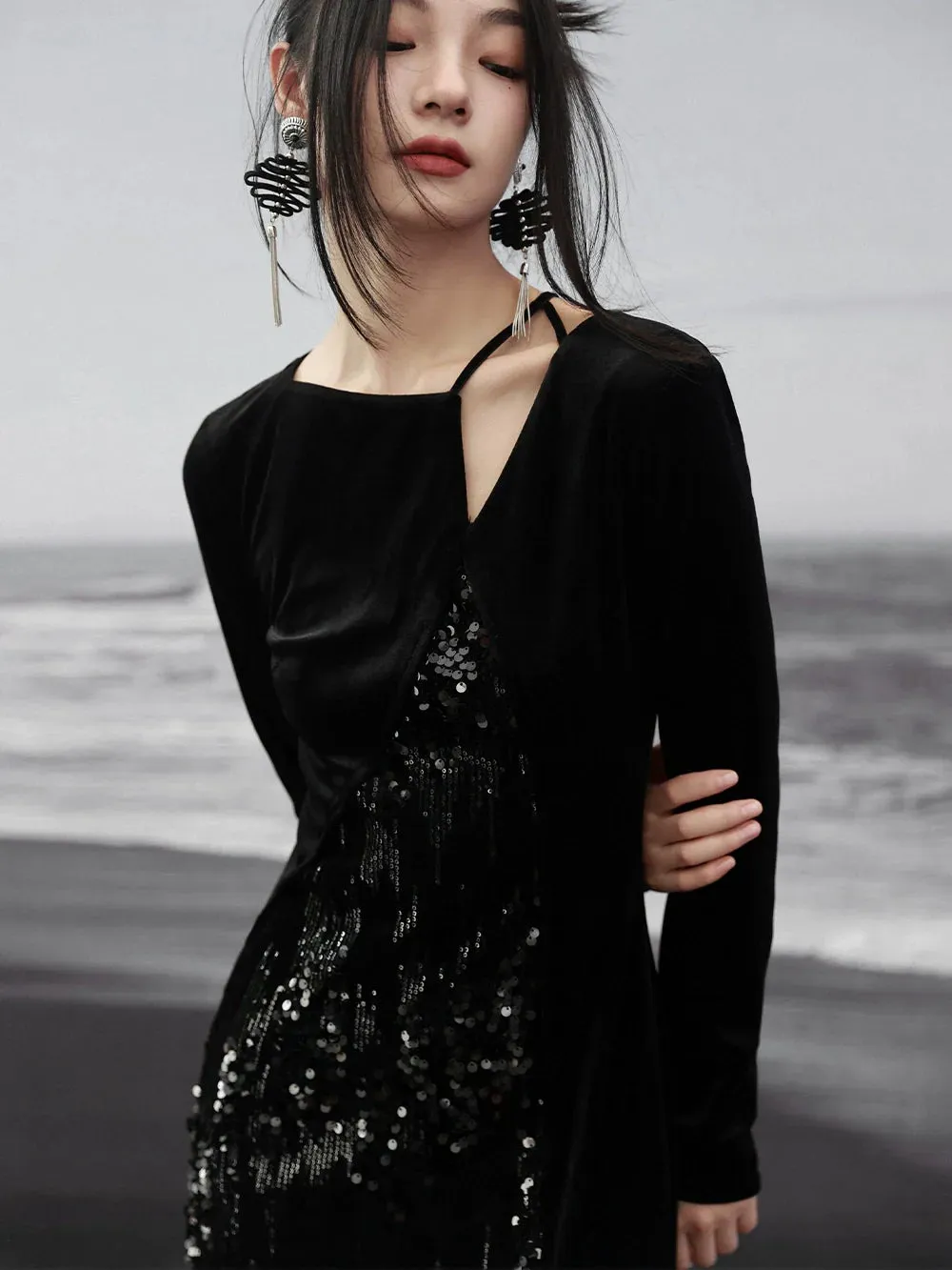 Dress Niche Slit Glitter Design Velvet