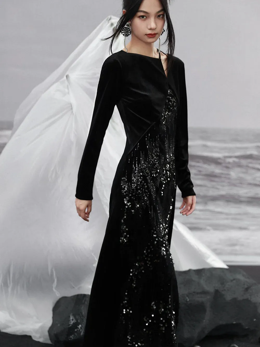 Dress Niche Slit Glitter Design Velvet