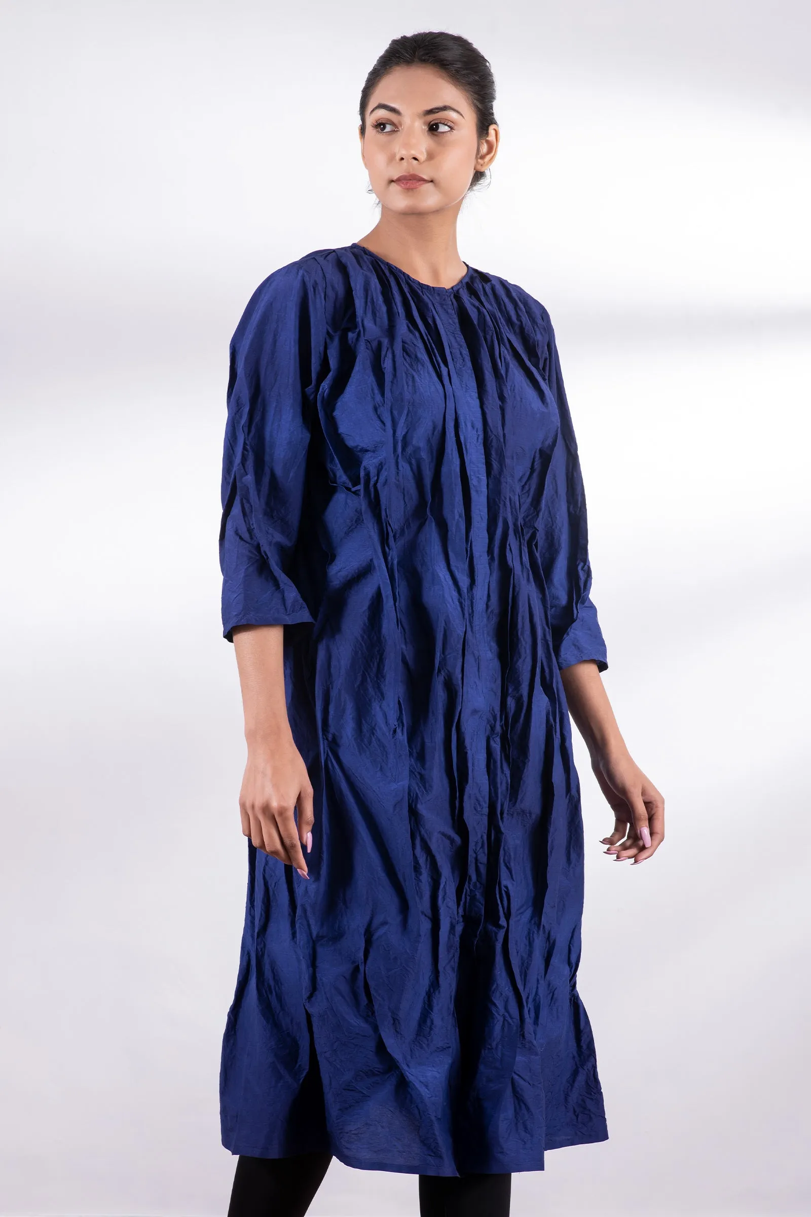 DYED COTTON SILK HEAVY VOILE WAVY TUCK CROPPED SLV. DRESS - dh1434-blu -