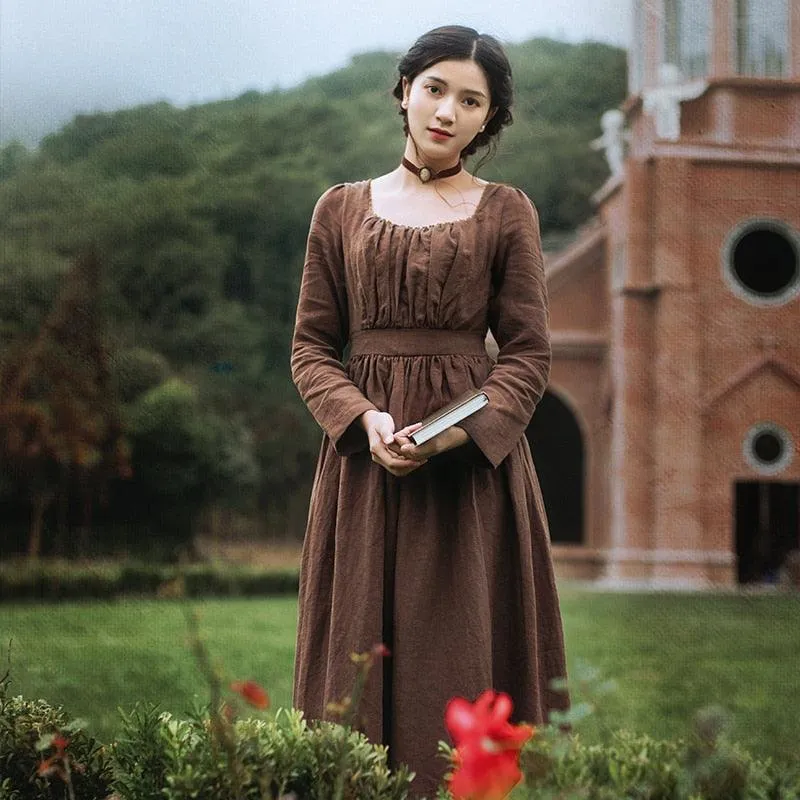 Elsie 100%Linen Long Dress Ladies Victoria Royal Vintage Elegant Long Sleeve  High Waist Dress robe longue