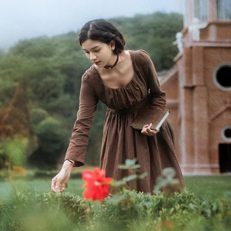 Elsie 100%Linen Long Dress Ladies Victoria Royal Vintage Elegant Long Sleeve  High Waist Dress robe longue