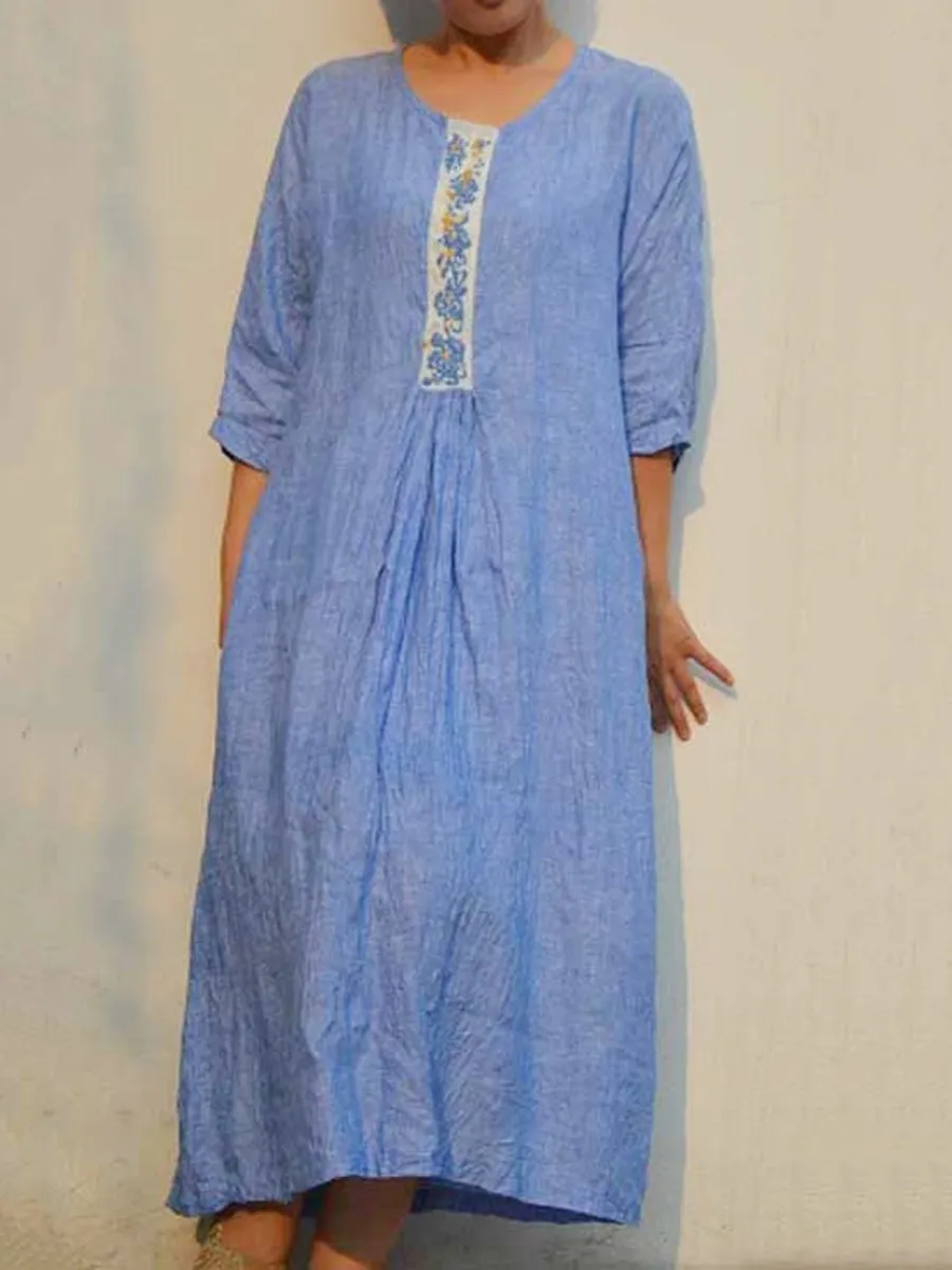 Embroidered 3/4 Sleeves Casual Linen Dresses