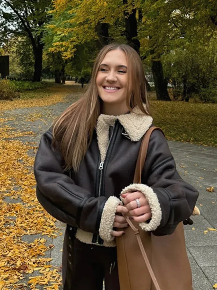 Fashionkova Christmas Gift Outfit Versatile Black Patchwork Lamb Woolen Jacket Fashion Zipper Full Sleeve Belt Leather Coat New Fall Winter Woman High Street Wear